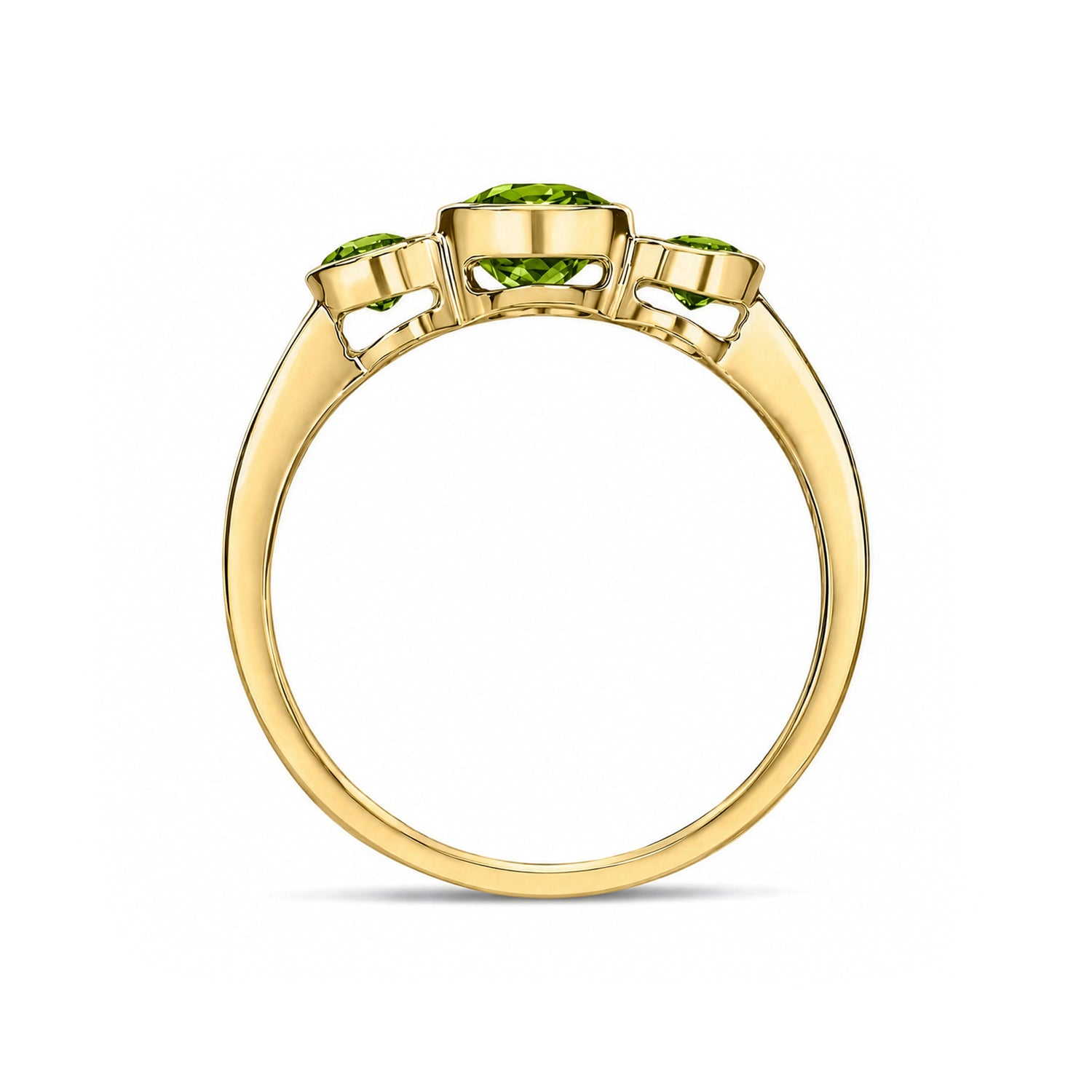 9ct Yellow Gold Oval Natural Peridot Rubover Three Stone Ring — 7x5mm