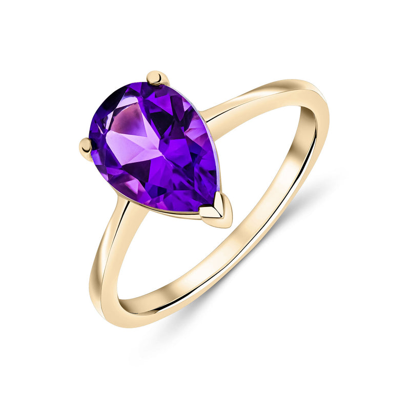 9ct Yellow Gold Pear Shaped Natural Amethyst Claw Ring — 10×7mm