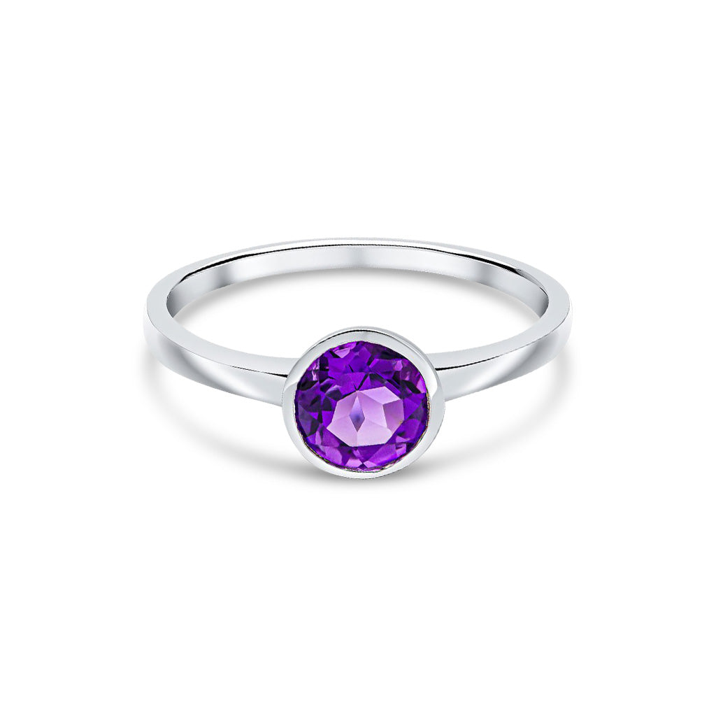 9ct White Gold Round Natural Amethyst Rubover Single Stone Ring
