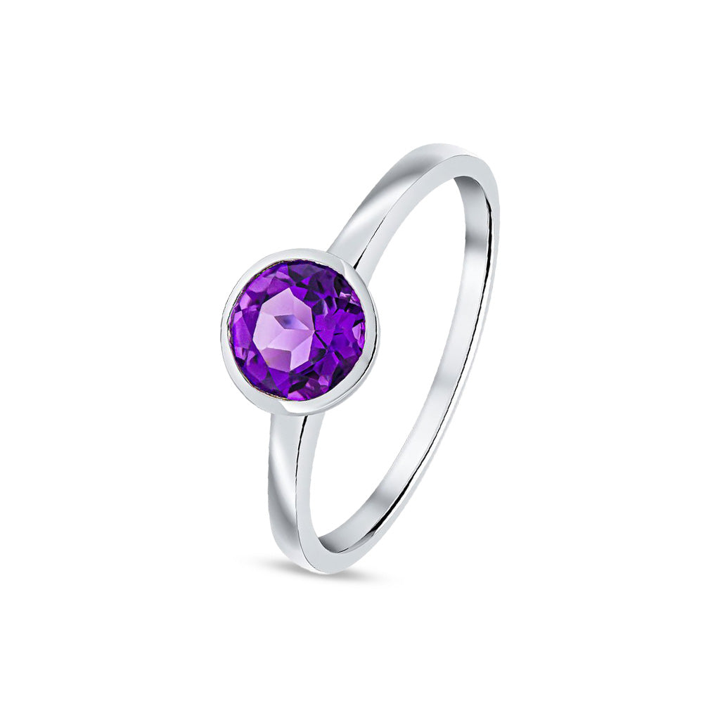 9ct White Gold Round Natural Amethyst Rubover Single Stone Ring