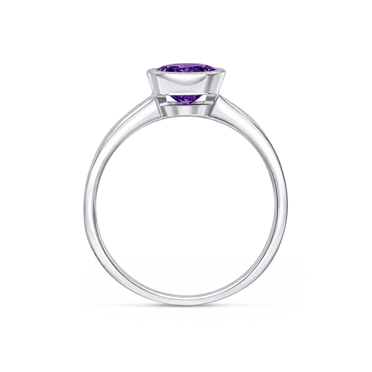 9ct White Gold Round Natural Amethyst Rubover Single Stone Ring