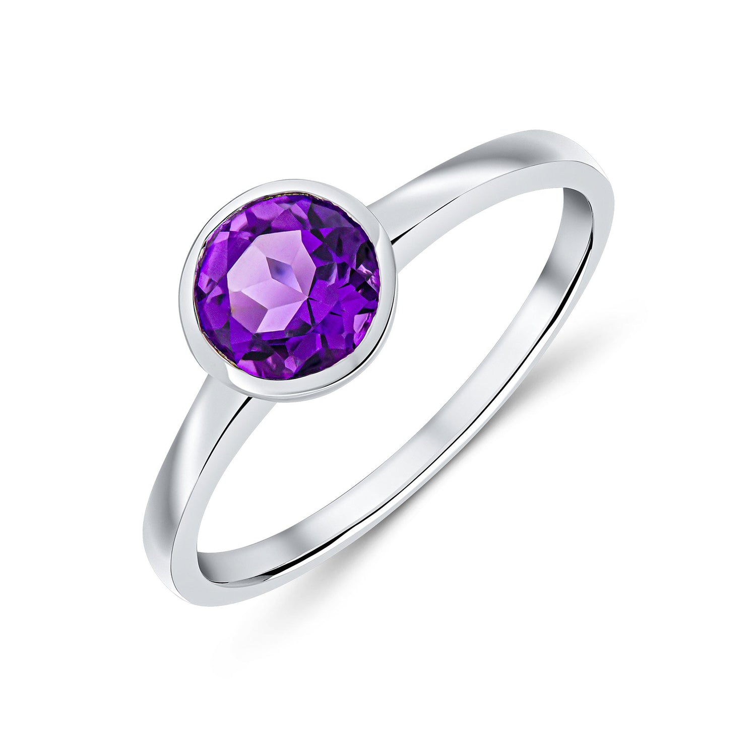 9ct White Gold Round Amethyst Rubover Single Stone Ring — 6mm