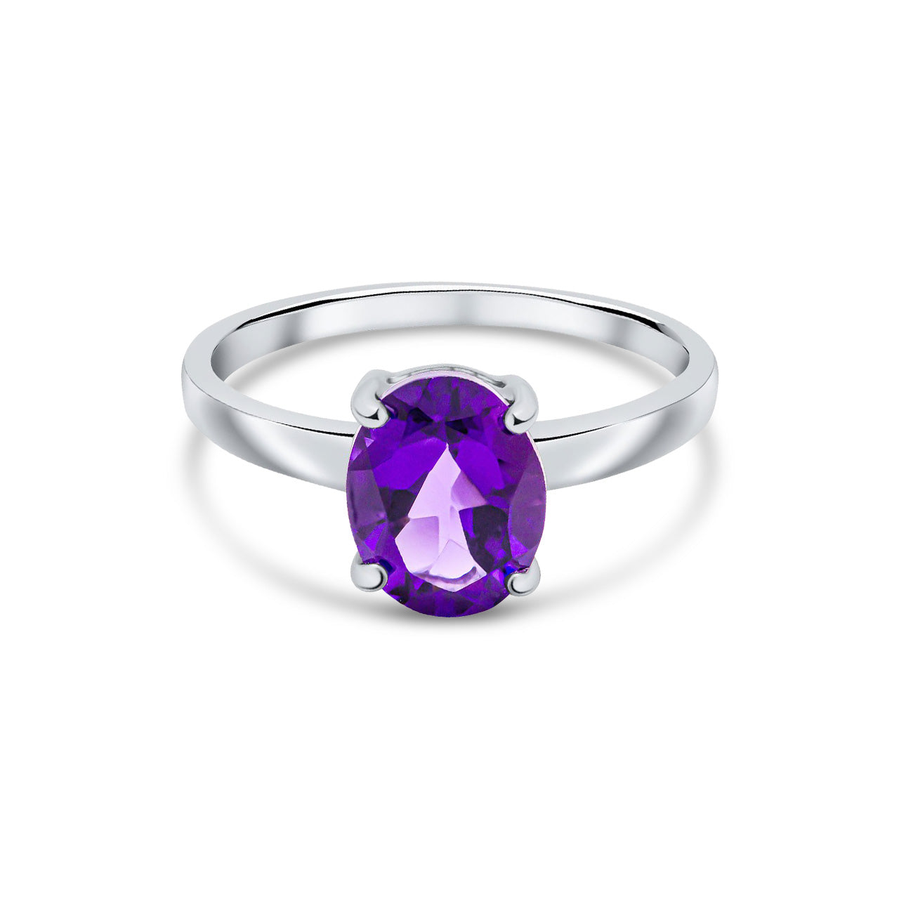 9ct White Gold Oval Natural Amethyst Claw Ring — 9x7mm