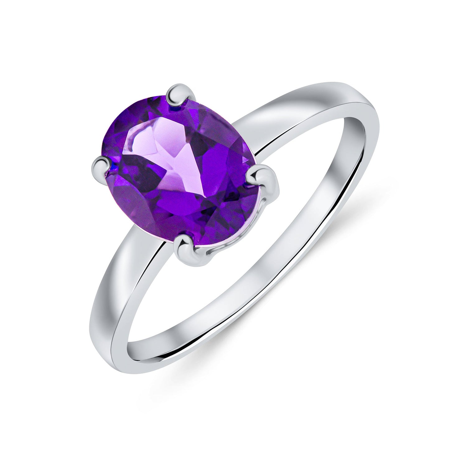 9ct White Gold Oval Amethyst Claw Ring — 9x7mm