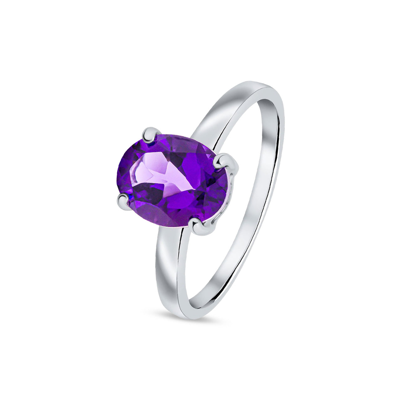 9ct White Gold Oval Natural Amethyst Claw Ring — 9x7mm