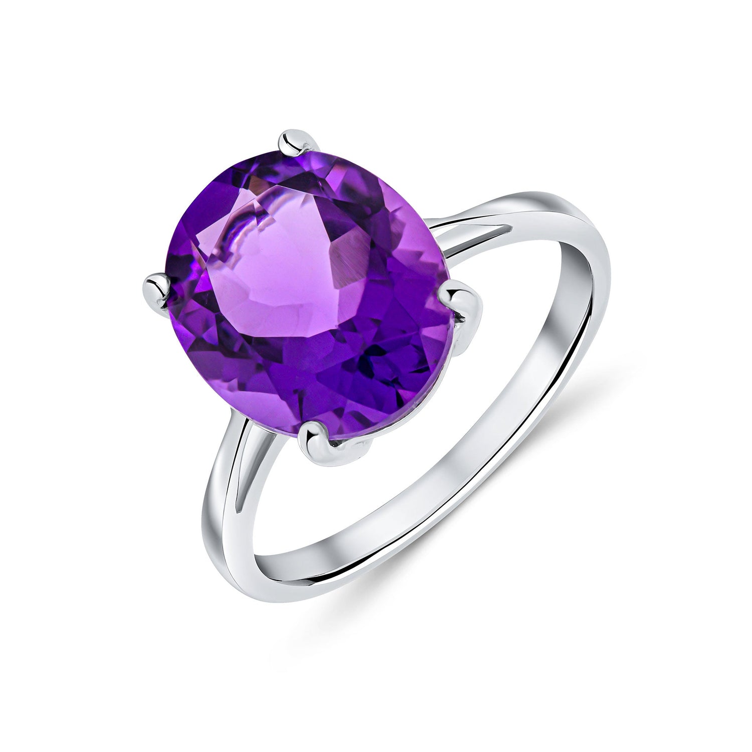 9ct White Gold Oval Natural Amethyst Claw Set Single Stone Ring — 12x10mm