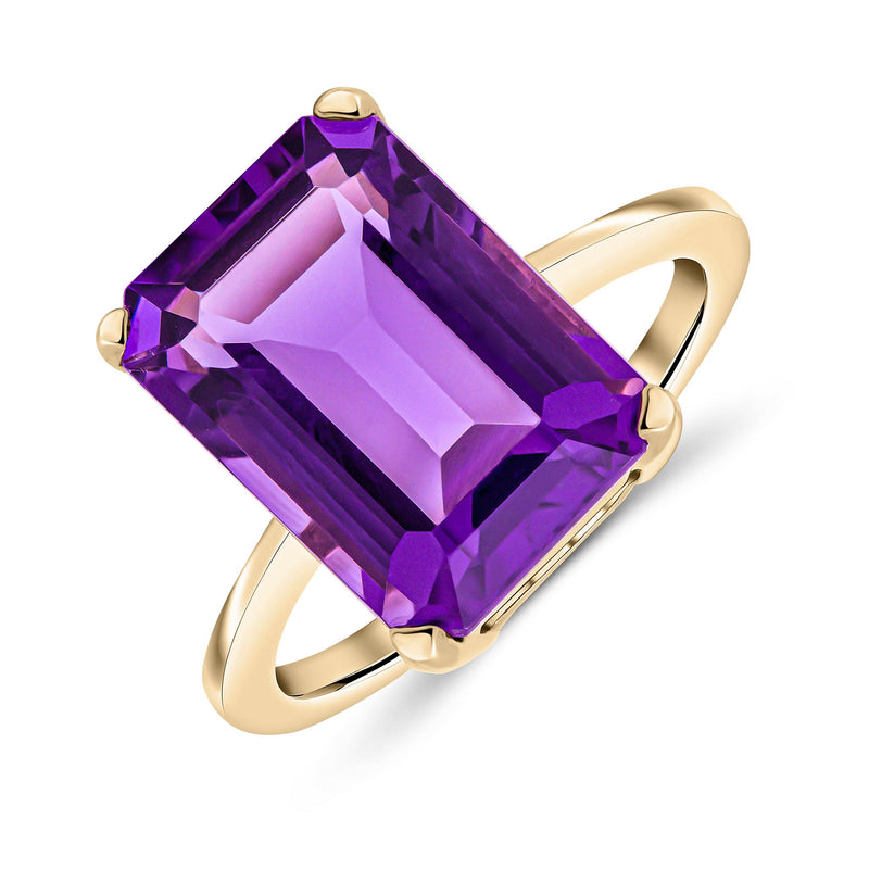 9ct Yellow Gold Octagonal Natural Amethyst Claw Ring — 14×10mm