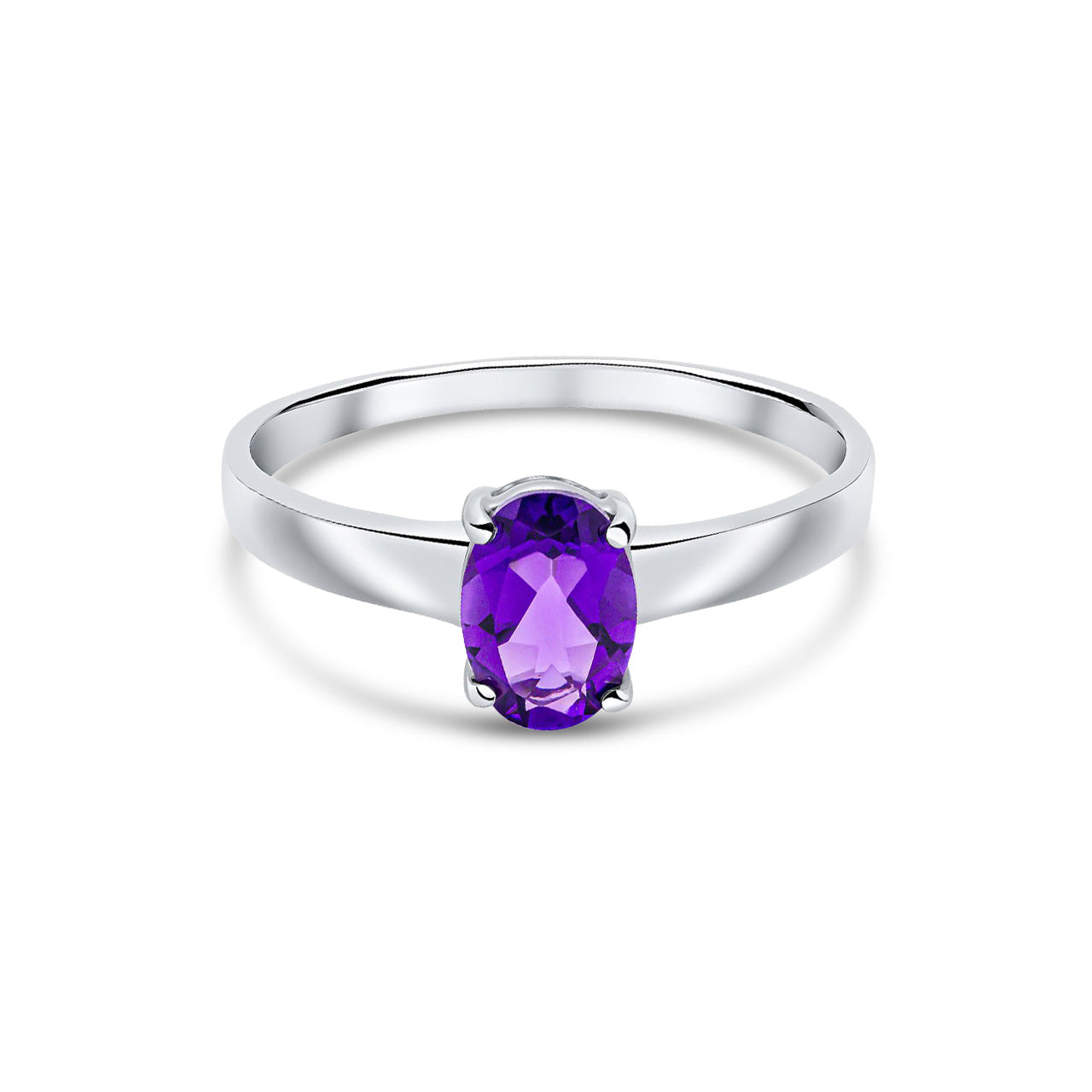 9ct White Gold Oval Natural Amethyst Claw Single Stone Ring — 7x5mm