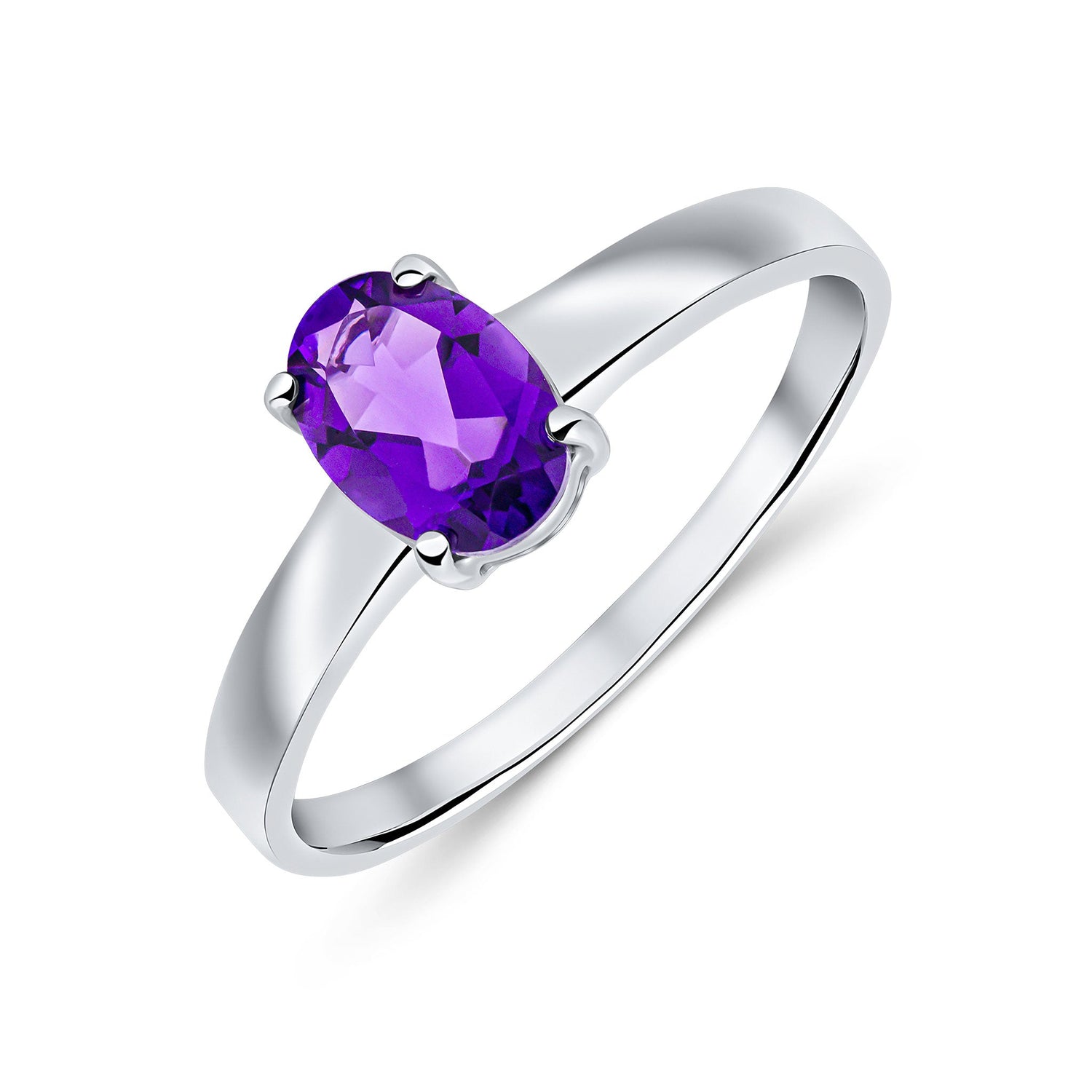 9ct White Gold Oval Amethyst Claw Ring — 7x5mm