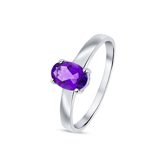 9ct White Gold Oval Natural Amethyst Claw Single Stone Ring — 7x5mm