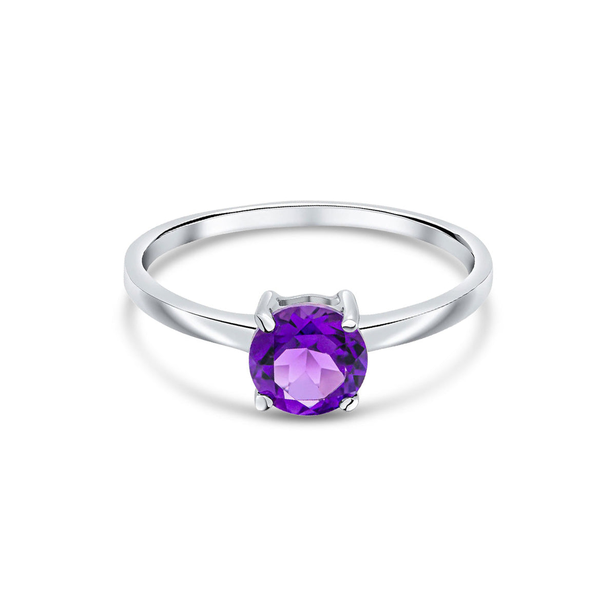 9ct White Gold Round Natural Amethyst Claw Single Stone Ring — 6mm