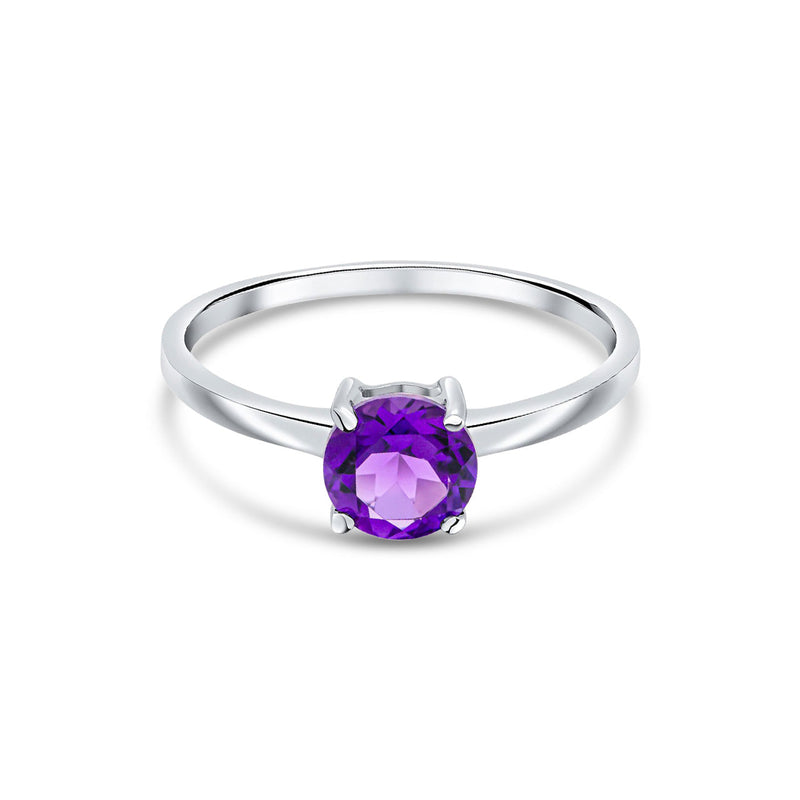 9ct White Gold Round Natural Amethyst Claw Single Stone Ring — 6mm
