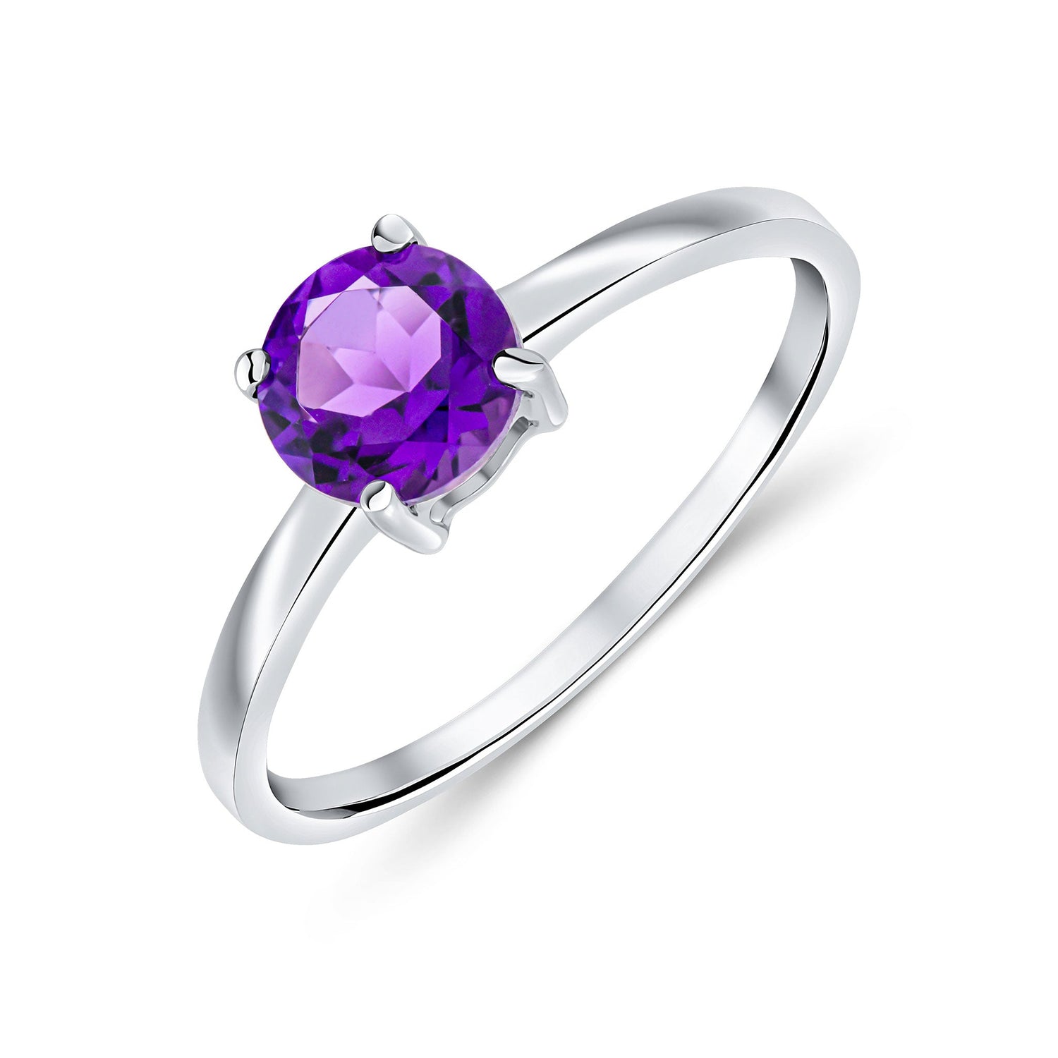 9ct White Gold Round Amethyst Claw Ring — 6mm