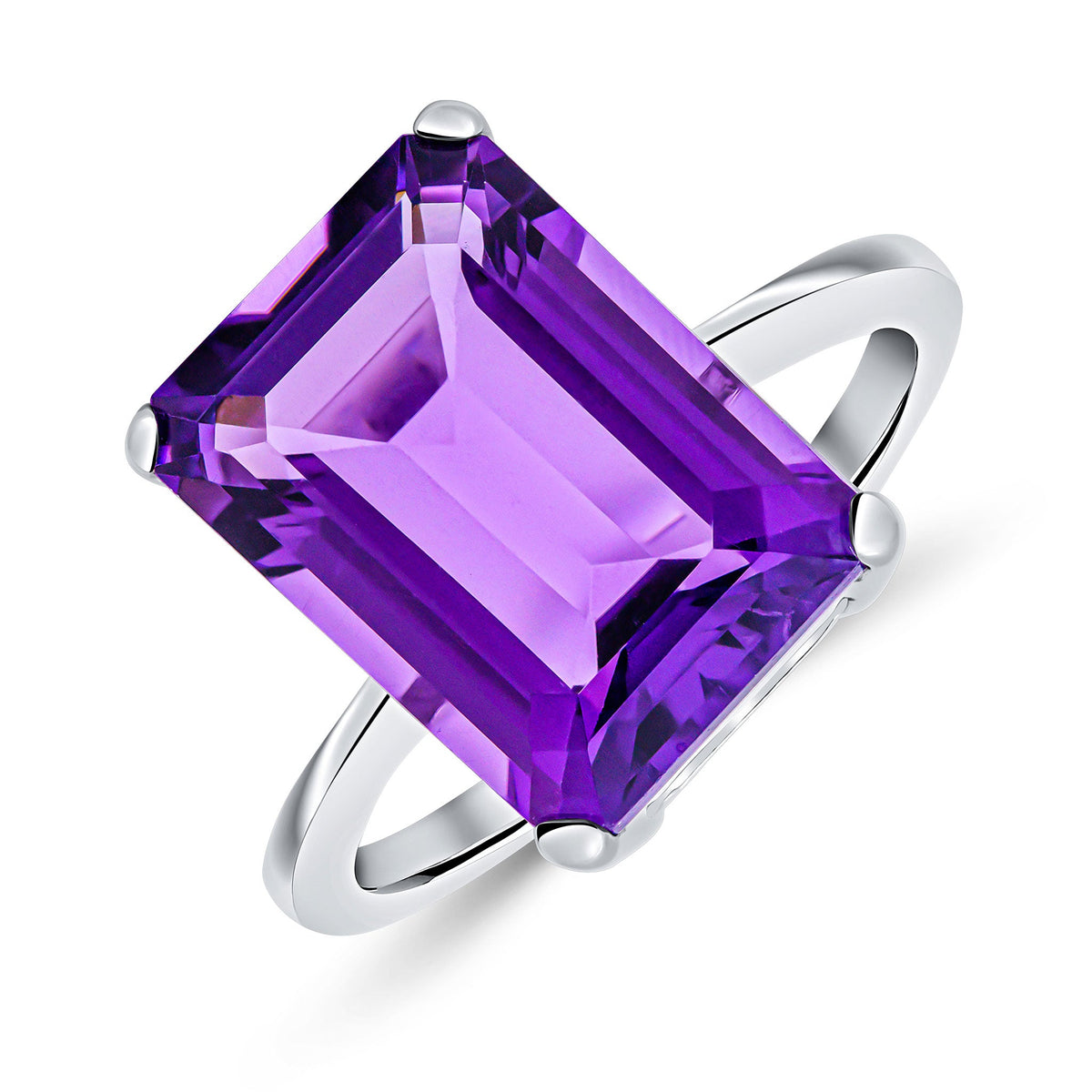 9ct White Gold Octagonal Emerald Cut Natural Amethyst Claw Set Single Stone Ring