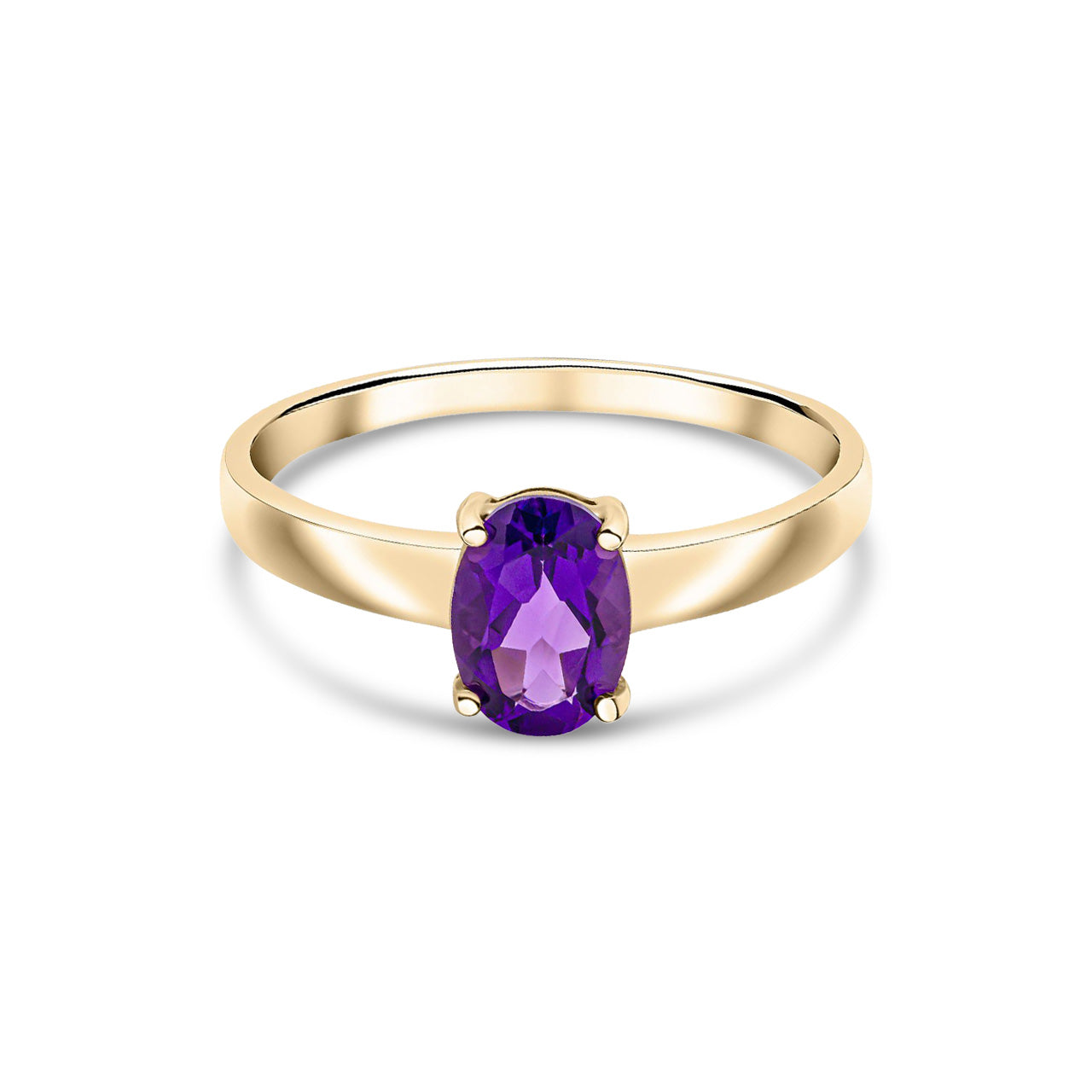 9ct Yellow Gold Oval Natural Amethyst Claw Single Stone Ring — 7x5mm