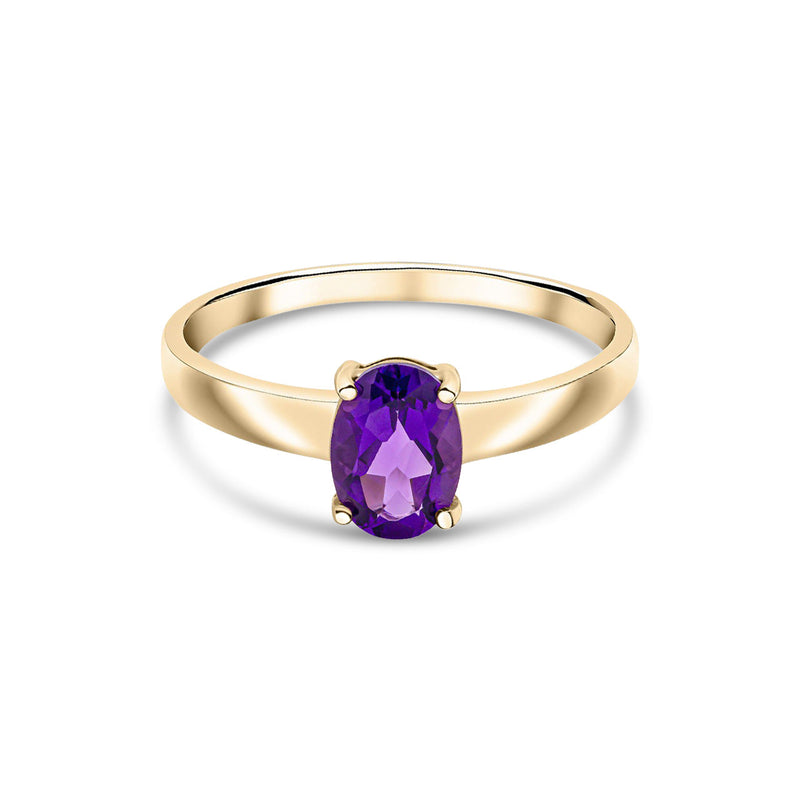 9ct Yellow Gold Oval Natural Amethyst Claw Single Stone Ring — 7x5mm