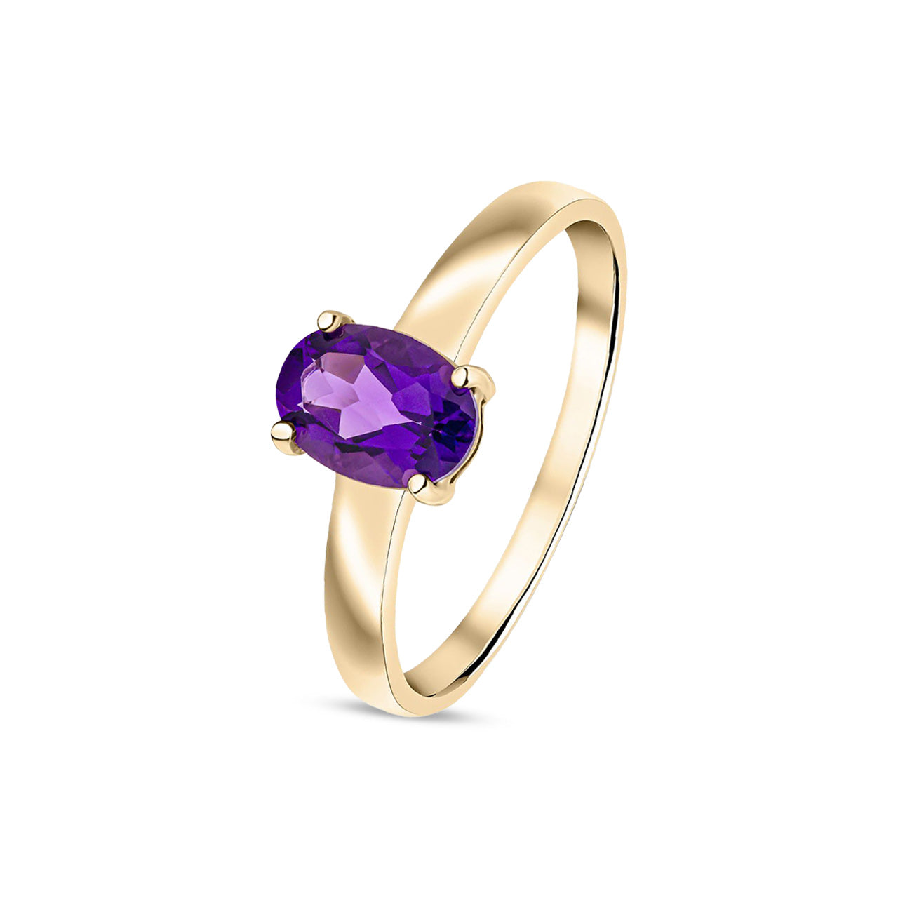 9ct Yellow Gold Oval Natural Amethyst Claw Single Stone Ring — 7x5mm