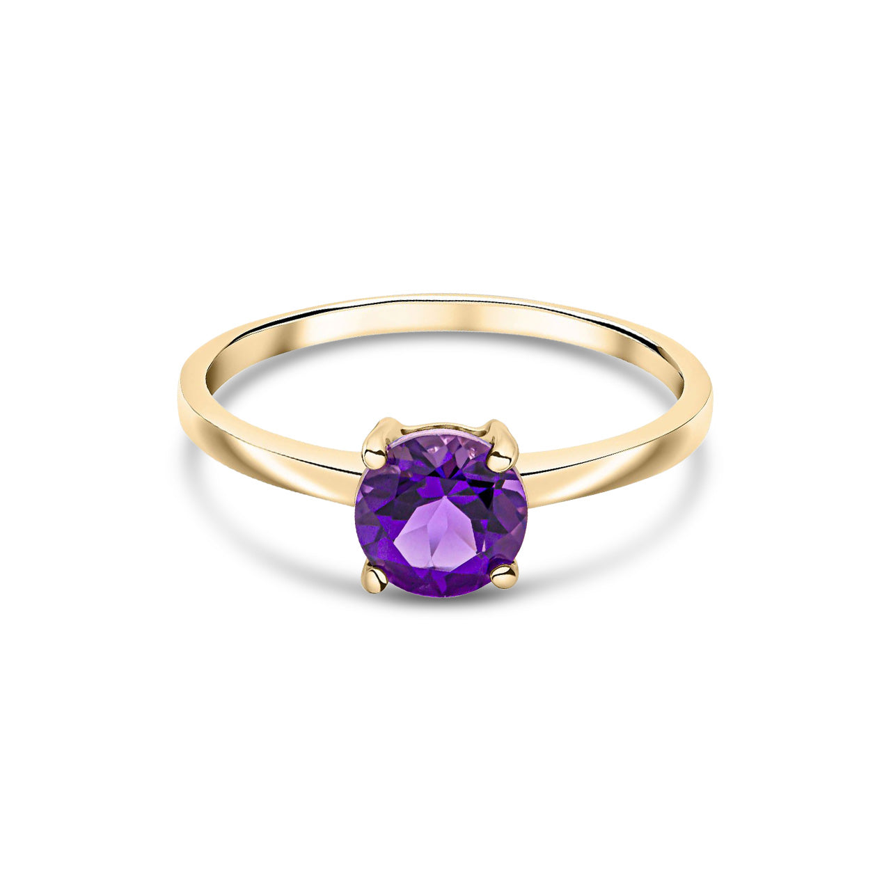 9ct Yellow Gold Round Natural Amethyst Claw Ring — 6mm