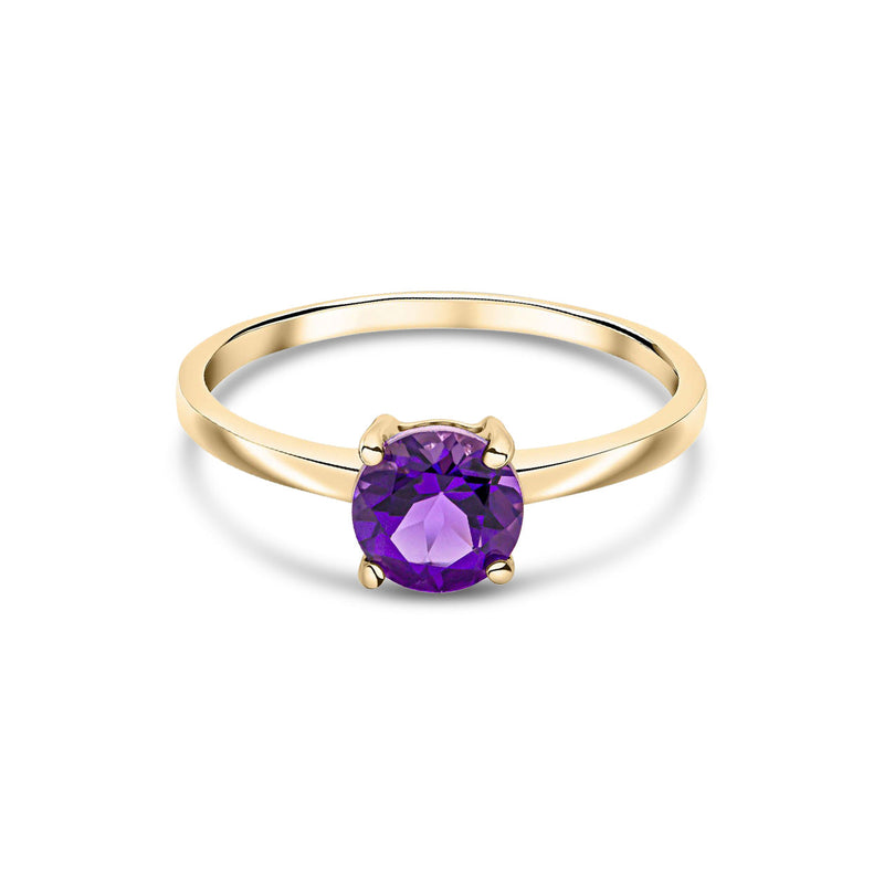 9ct Yellow Gold Round Natural Amethyst Claw Single Stone Ring — 6mm