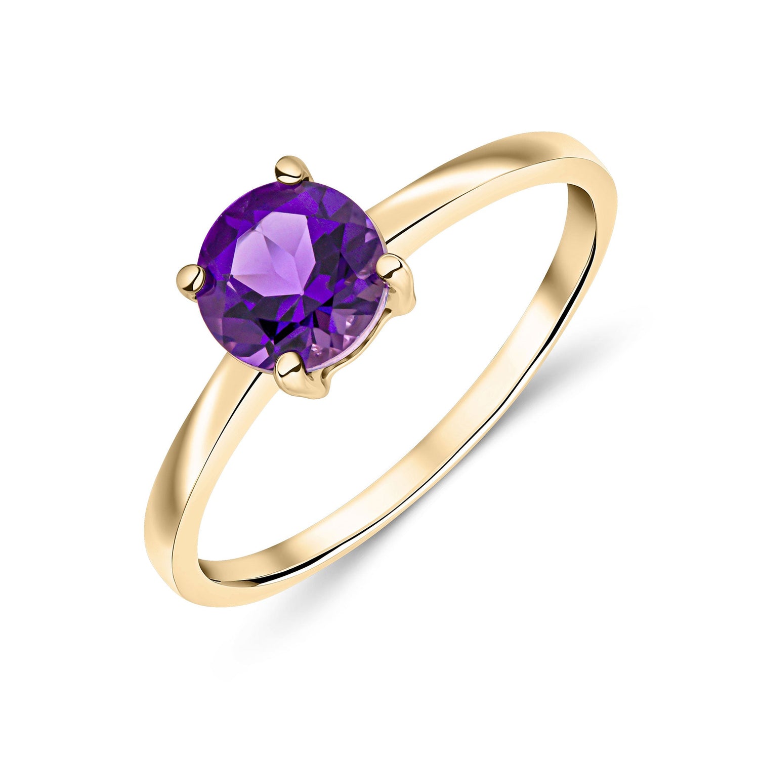 9ct Yellow Gold Round Amethyst Claw Ring — 6mm
