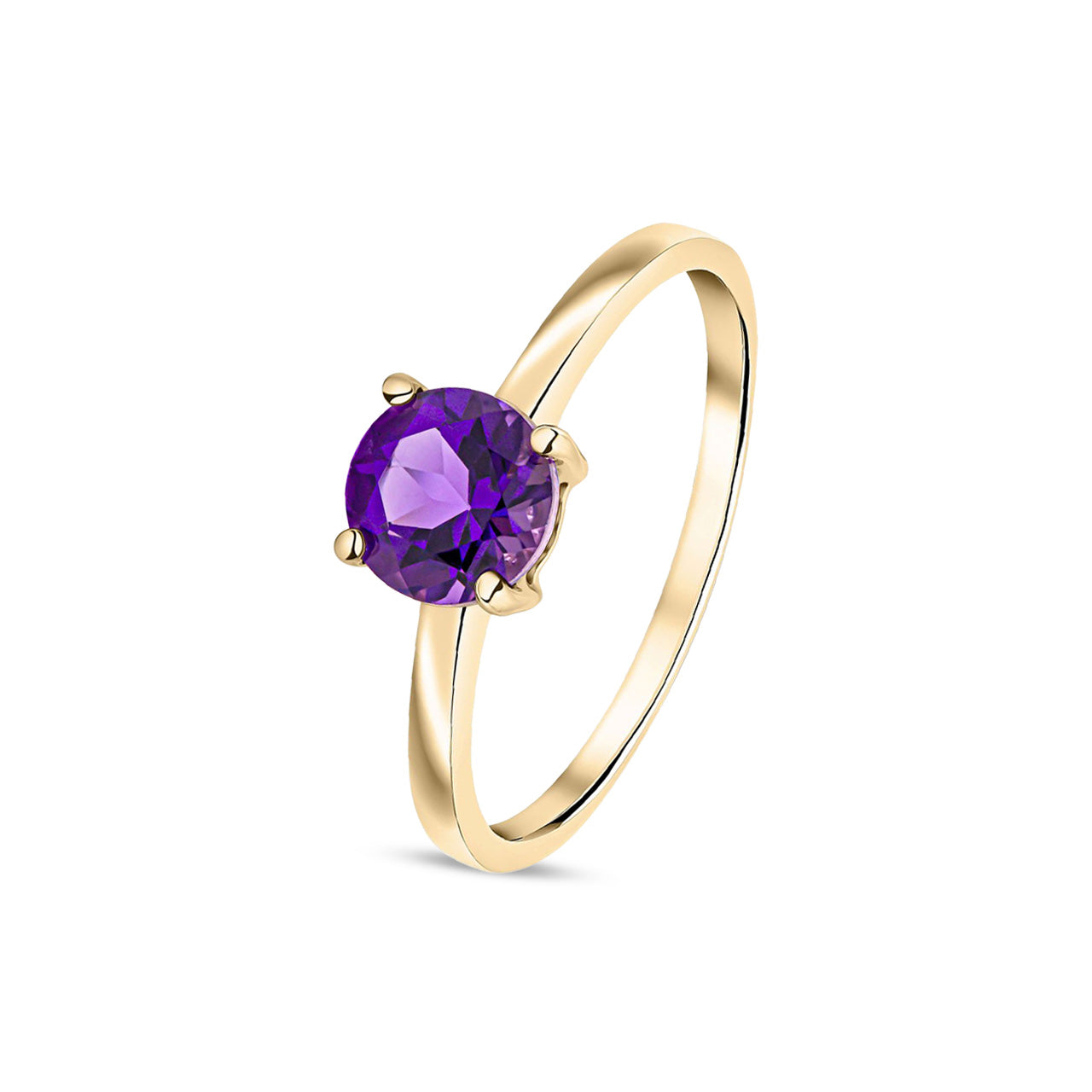 9ct Yellow Gold Round Natural Amethyst Claw Ring — 6mm