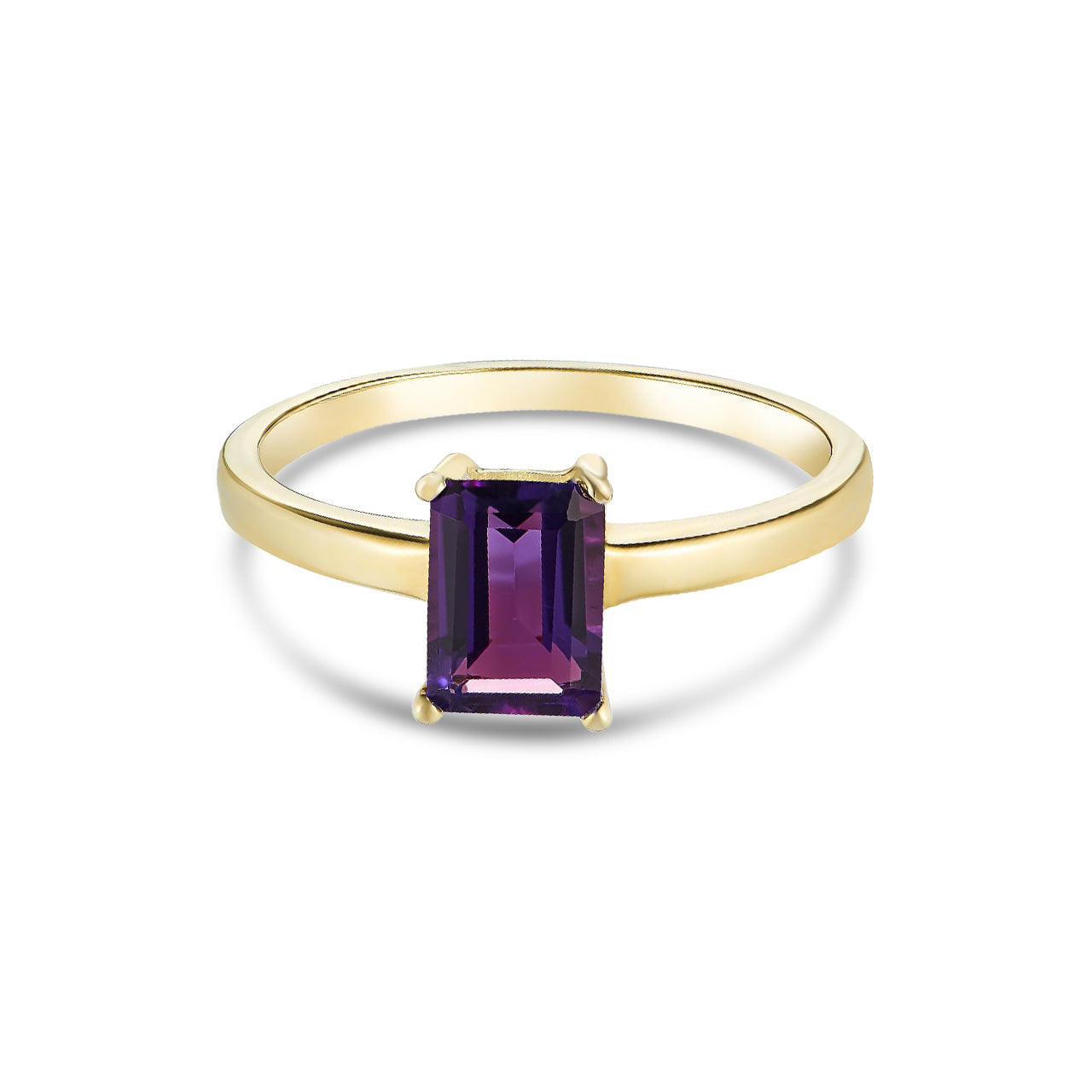 9ct Yellow Gold Octagonal Emerald Cut Natural Amethyst Claw Ring