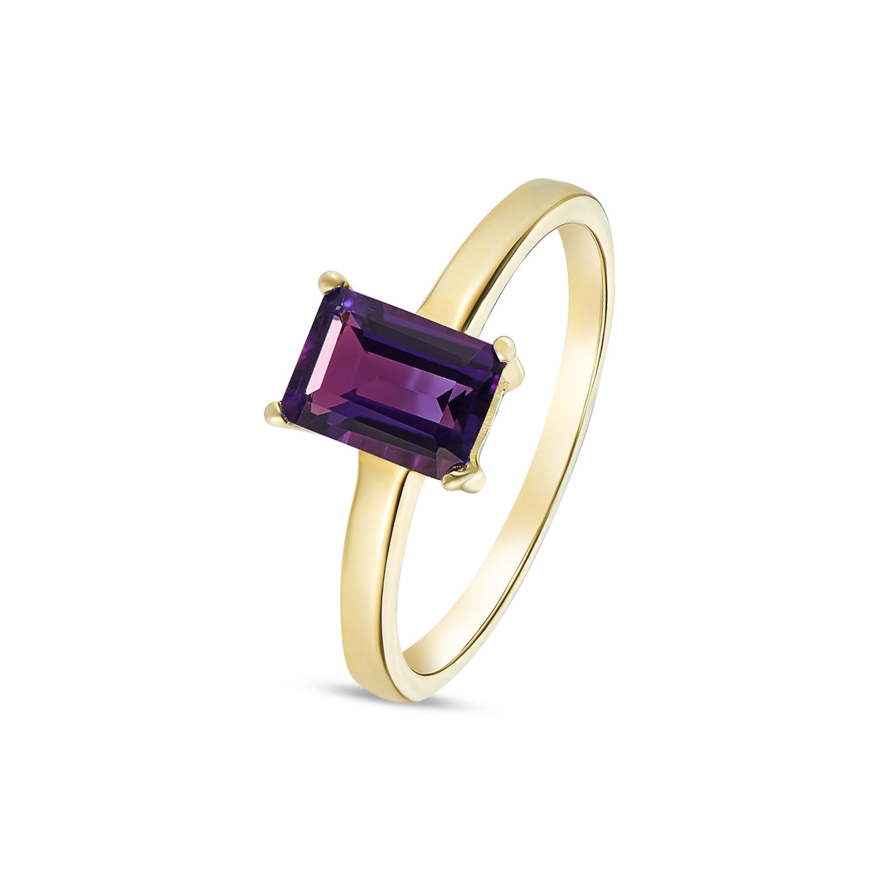 9ct Yellow Gold Octagonal Emerald Cut Natural Amethyst Claw Ring