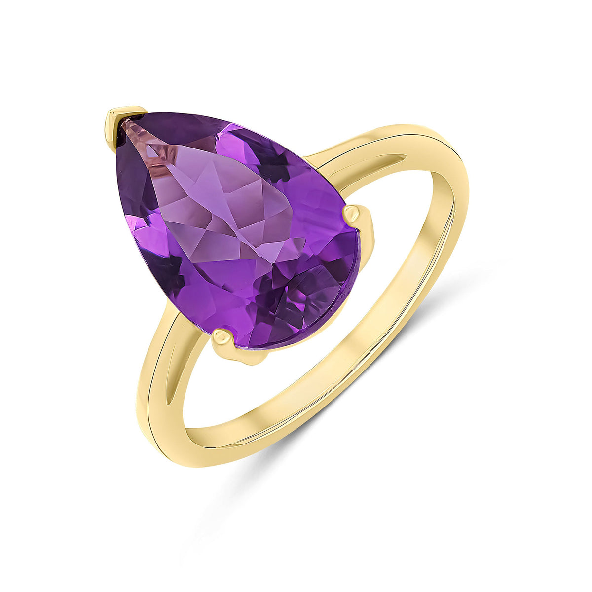 9ct Yellow Gold Pear Shaped Natural Amethyst Claw Set Single Stone Ring