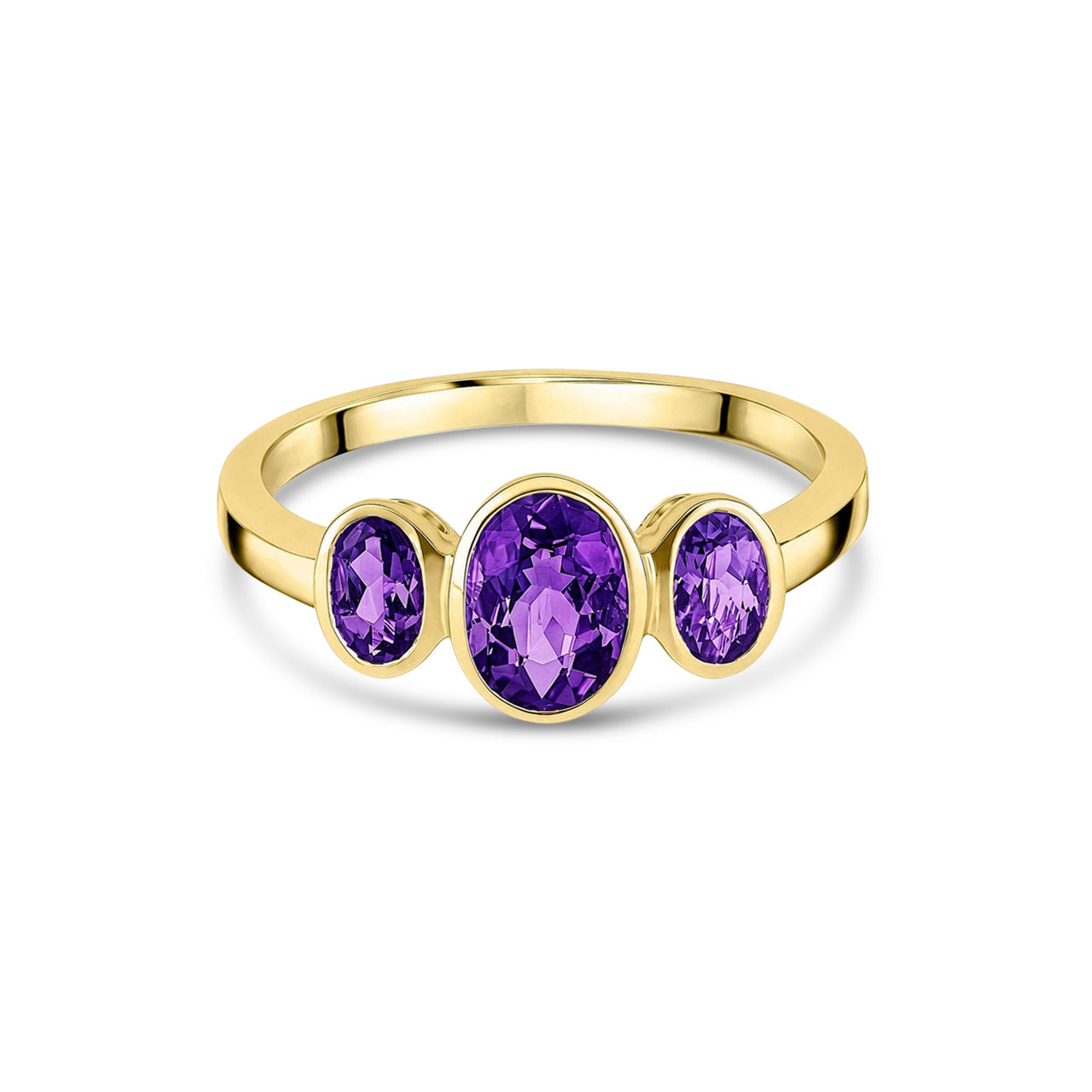 9ct Yellow Gold Oval Natural Amethyst Rubover Three Stone Ring
