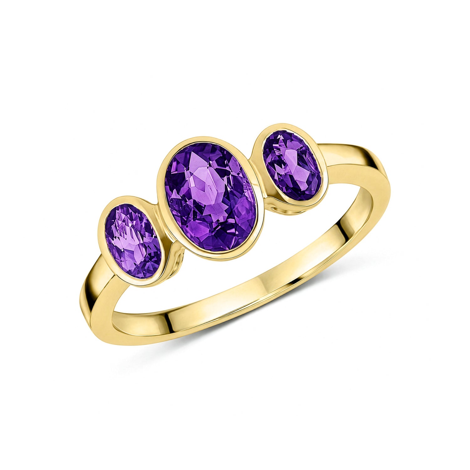 9ct Yellow Gold Oval Natural Amethyst Rubover Three Stone Ring — 7x5mm