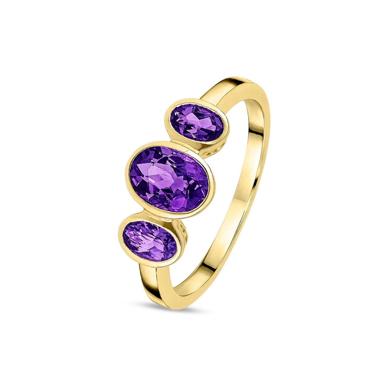 9ct Yellow Gold Oval Natural Amethyst Rubover Three Stone Ring