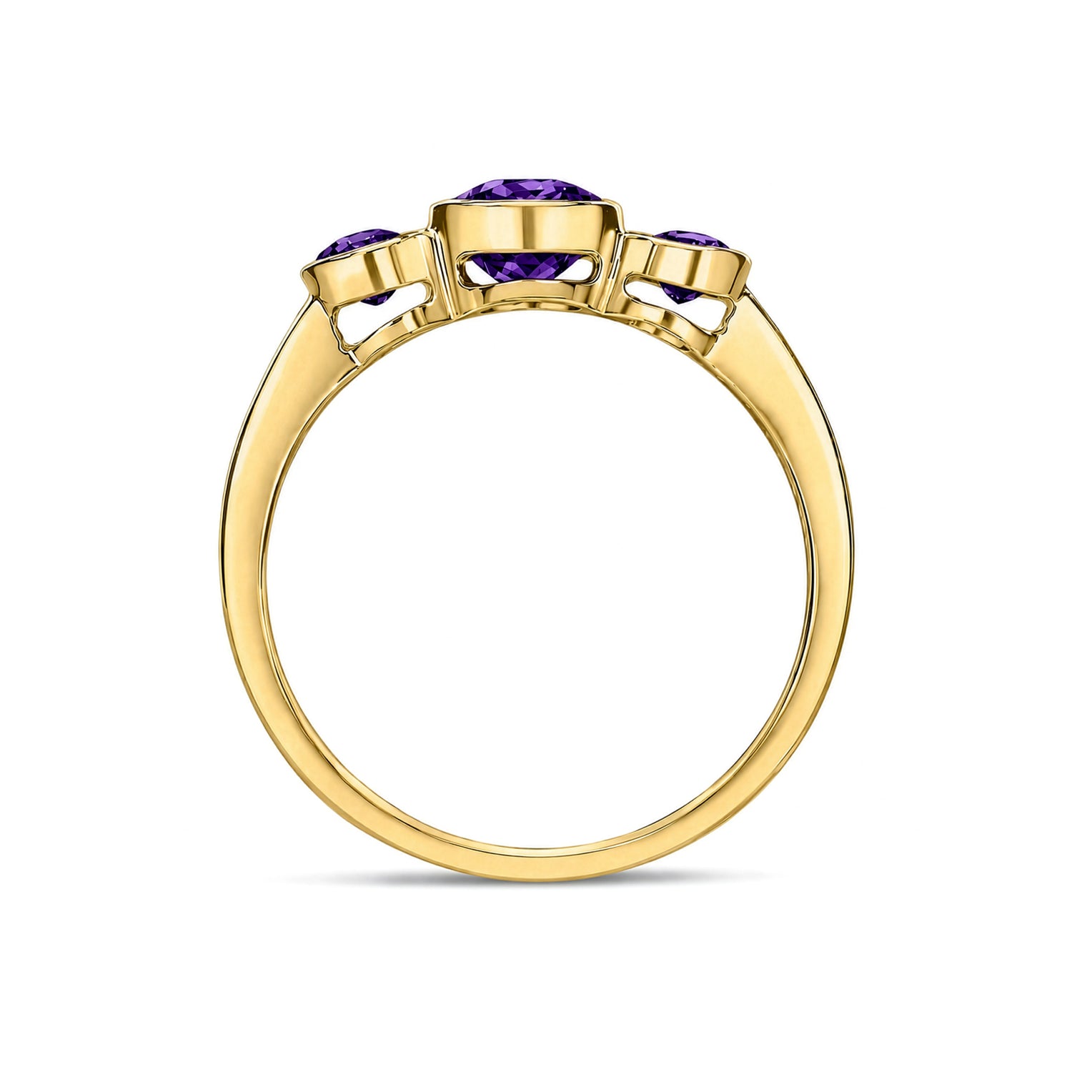 9ct Yellow Gold Oval Natural Amethyst Rubover Three Stone Ring — 7x5mm