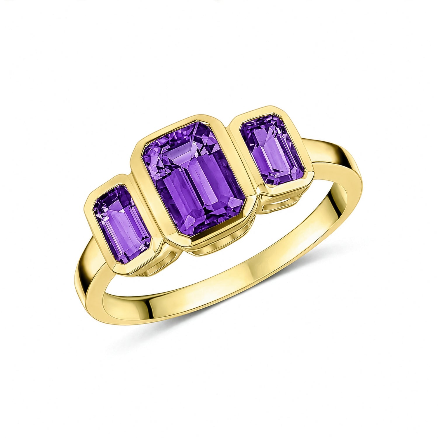 9ct Yellow Gold Octagonal Natural Amethyst Rubover Set Three Stone Ring — 6x4mm