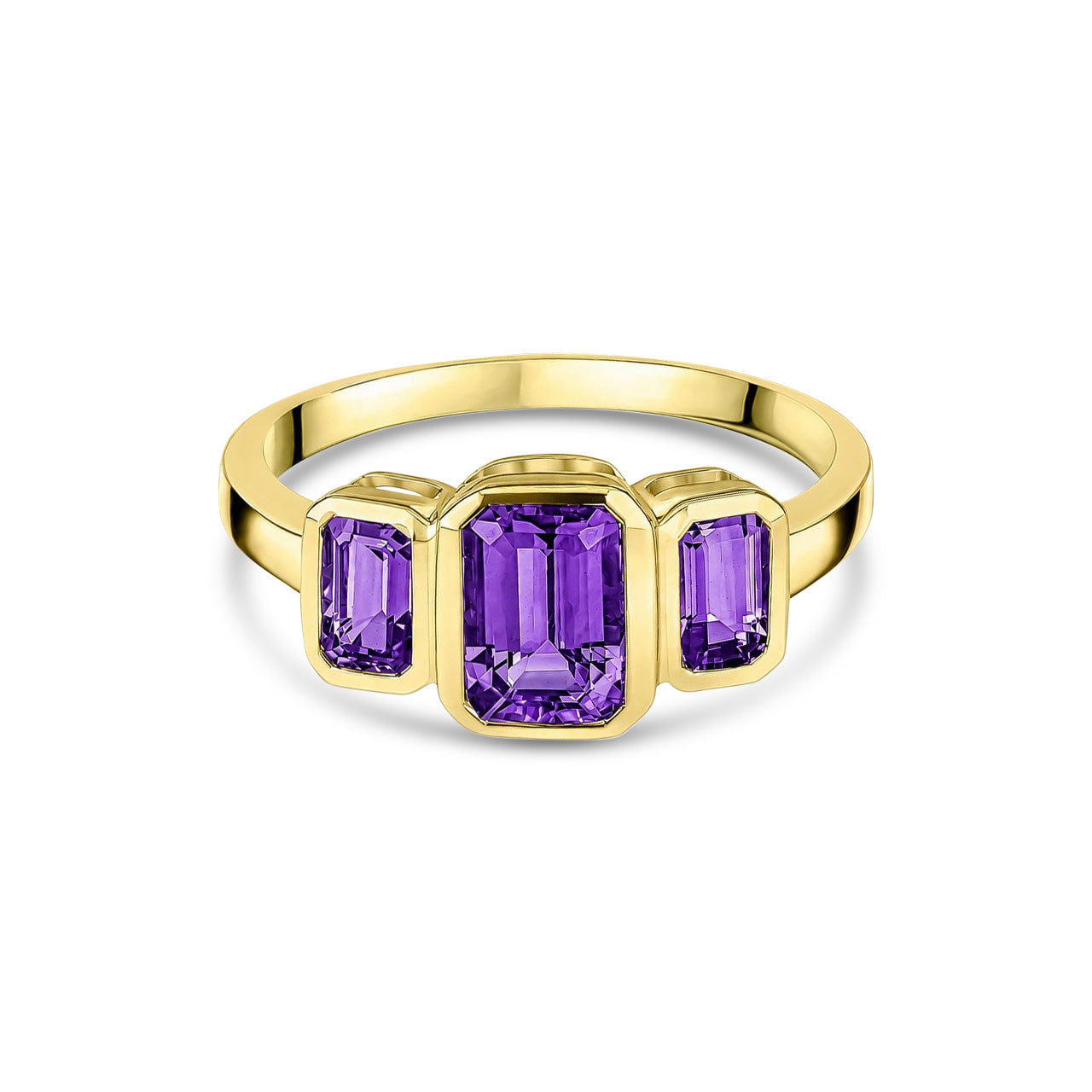 9ct Yellow Gold Octagonal Natural Amethyst Rubover Set Three Stone Ring