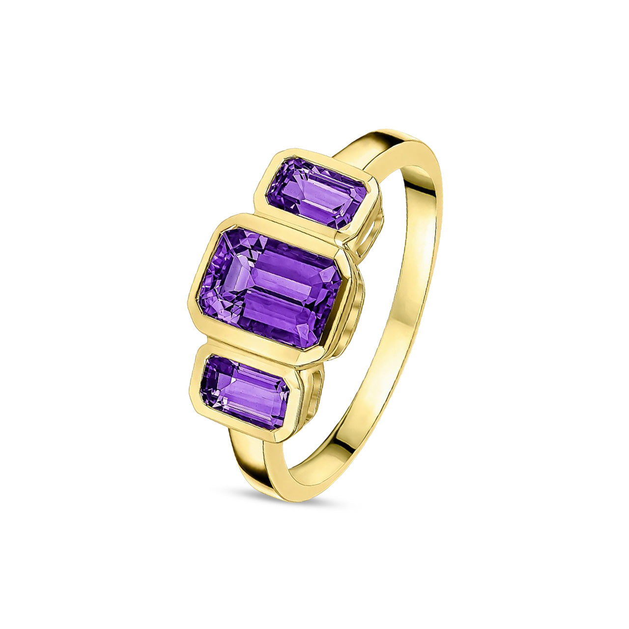 9ct Yellow Gold Octagonal Natural Amethyst Rubover Set Three Stone Ring
