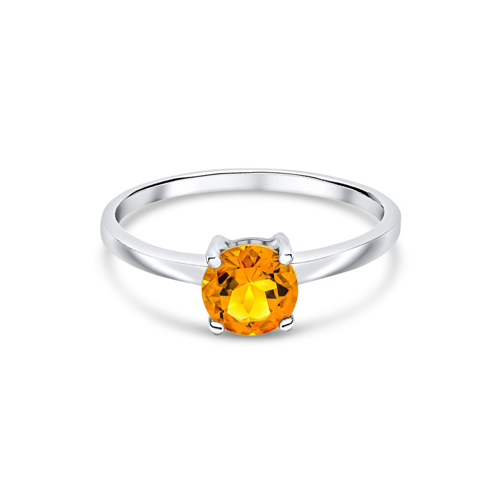 9ct White Gold Round Natural Citrine Four Claw Single Stone Ring