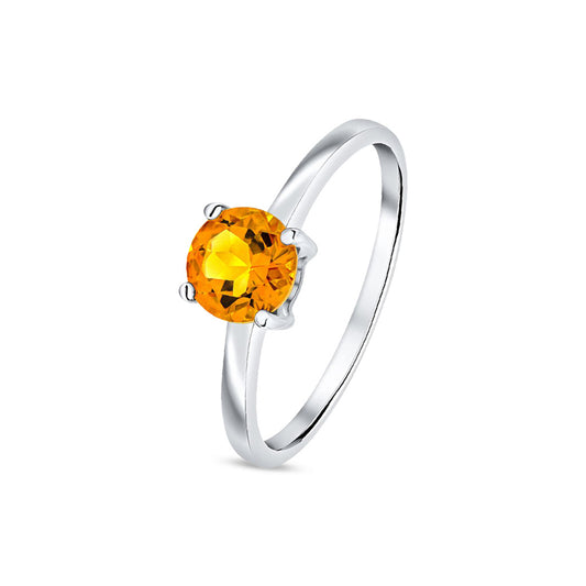 9ct White Gold Round Natural Citrine Four Claw Single Stone Ring