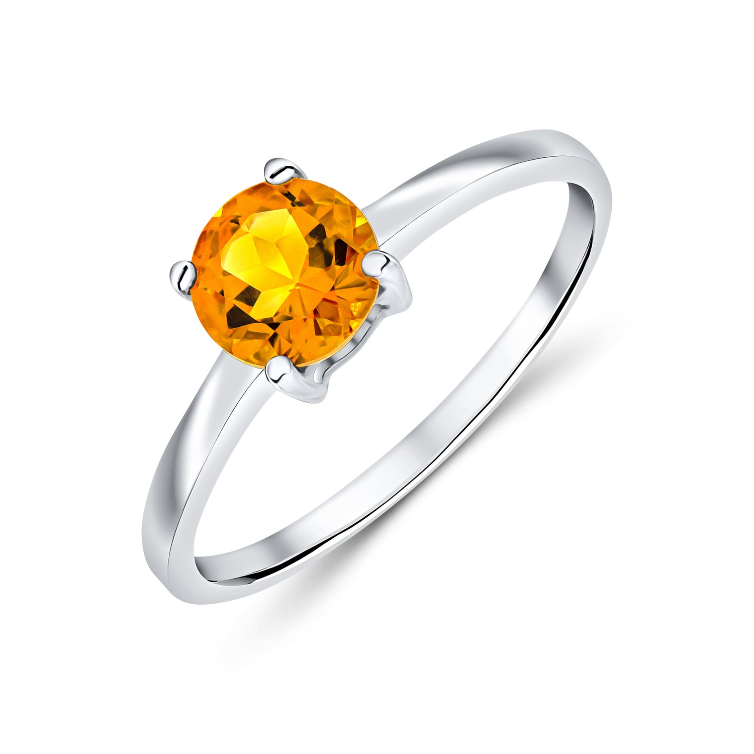 9ct White Gold Round Citrine Four Claw Single Stone Ring — 6mm