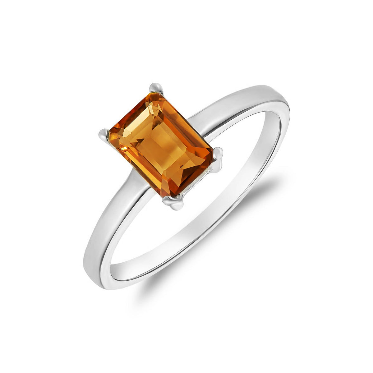 9ct White Gold Octagonal Natural Citrine Claw Ring — 7×5mm