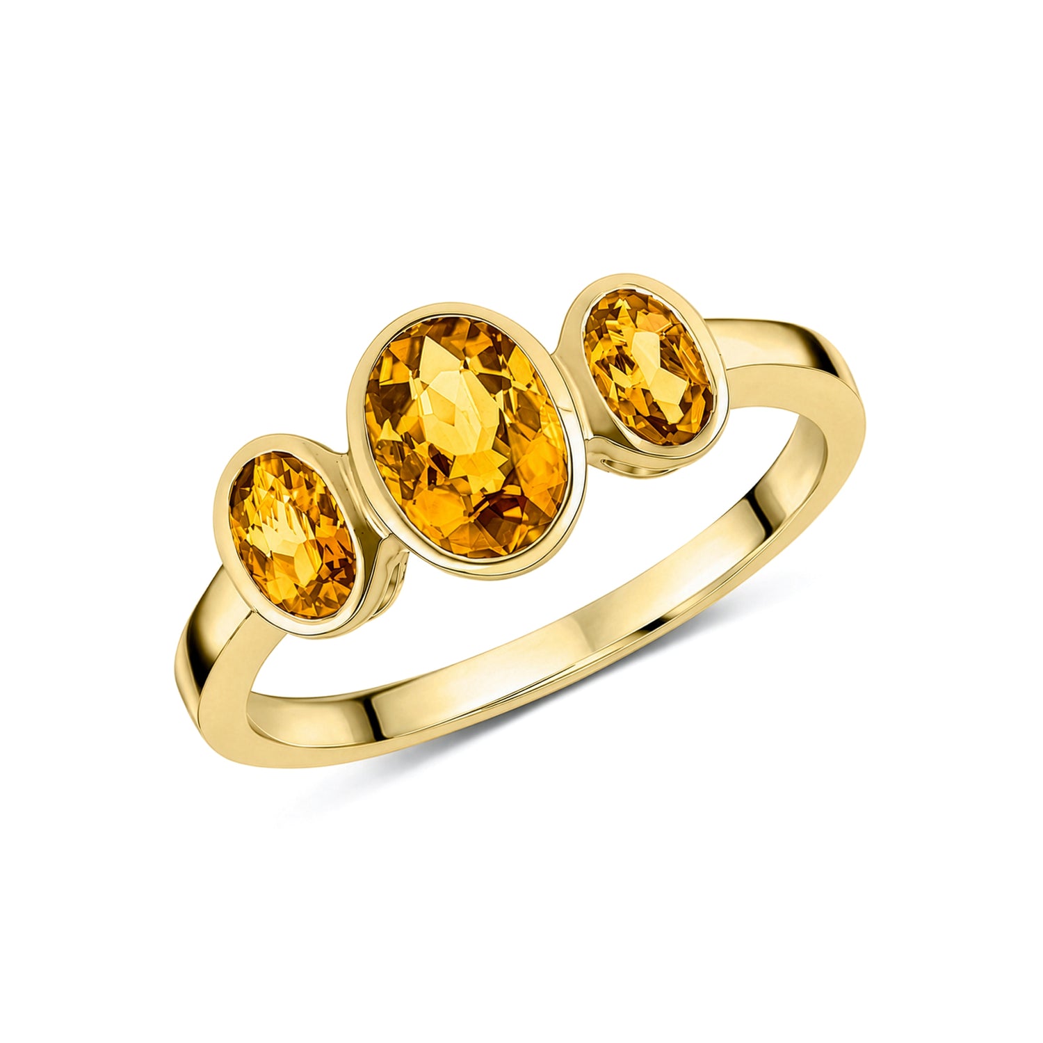 9ct Yellow Gold Oval Natural Citrine Rubover Three Stone Ring — 7x5mm