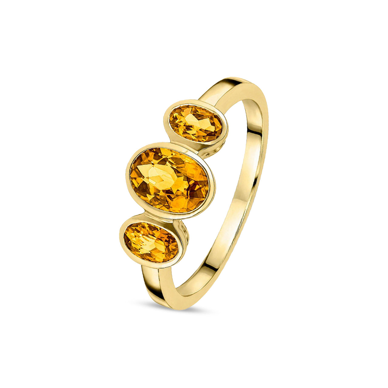 9ct Yellow Gold Oval Natural Citrine Rubover Three Stone Ring