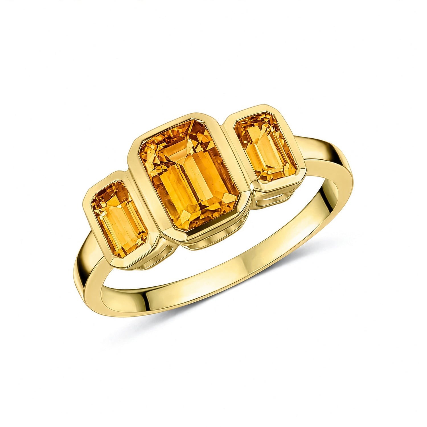 9ct Yellow Gold Octagonal Natural Citrine Rubover Set Three Stone Ring — 6x4mm