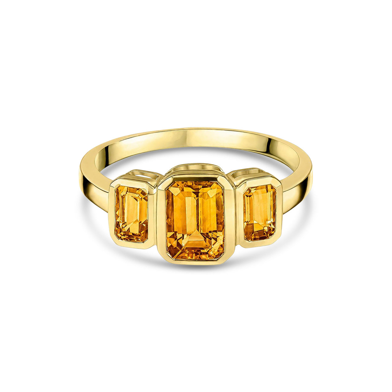 9ct Yellow Gold Octagonal Natural Citrine Rubover Set Three Stone Ring