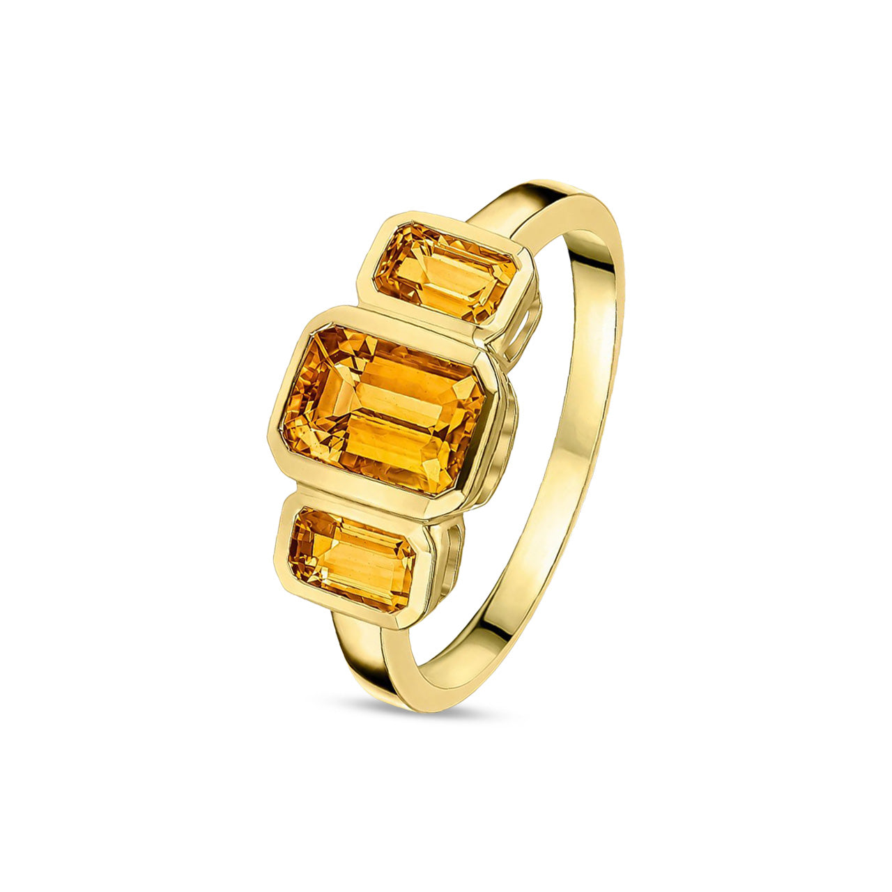 9ct Yellow Gold Octagonal Natural Citrine Rubover Set Three Stone Ring