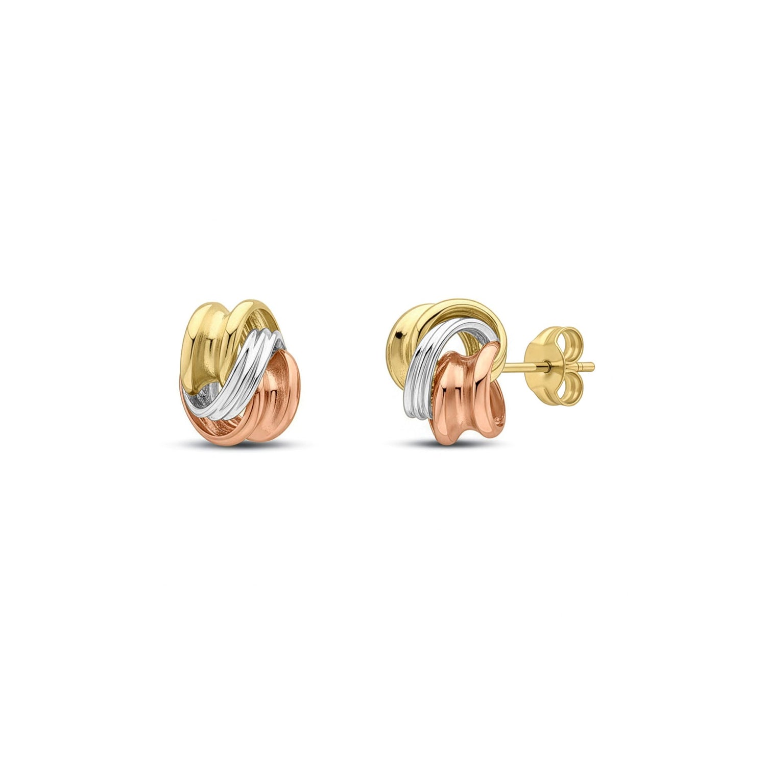 9ct Three-Tone Gold Polished 3-Strand Multi-Loop Knot Stud Earrings — 8.5mm