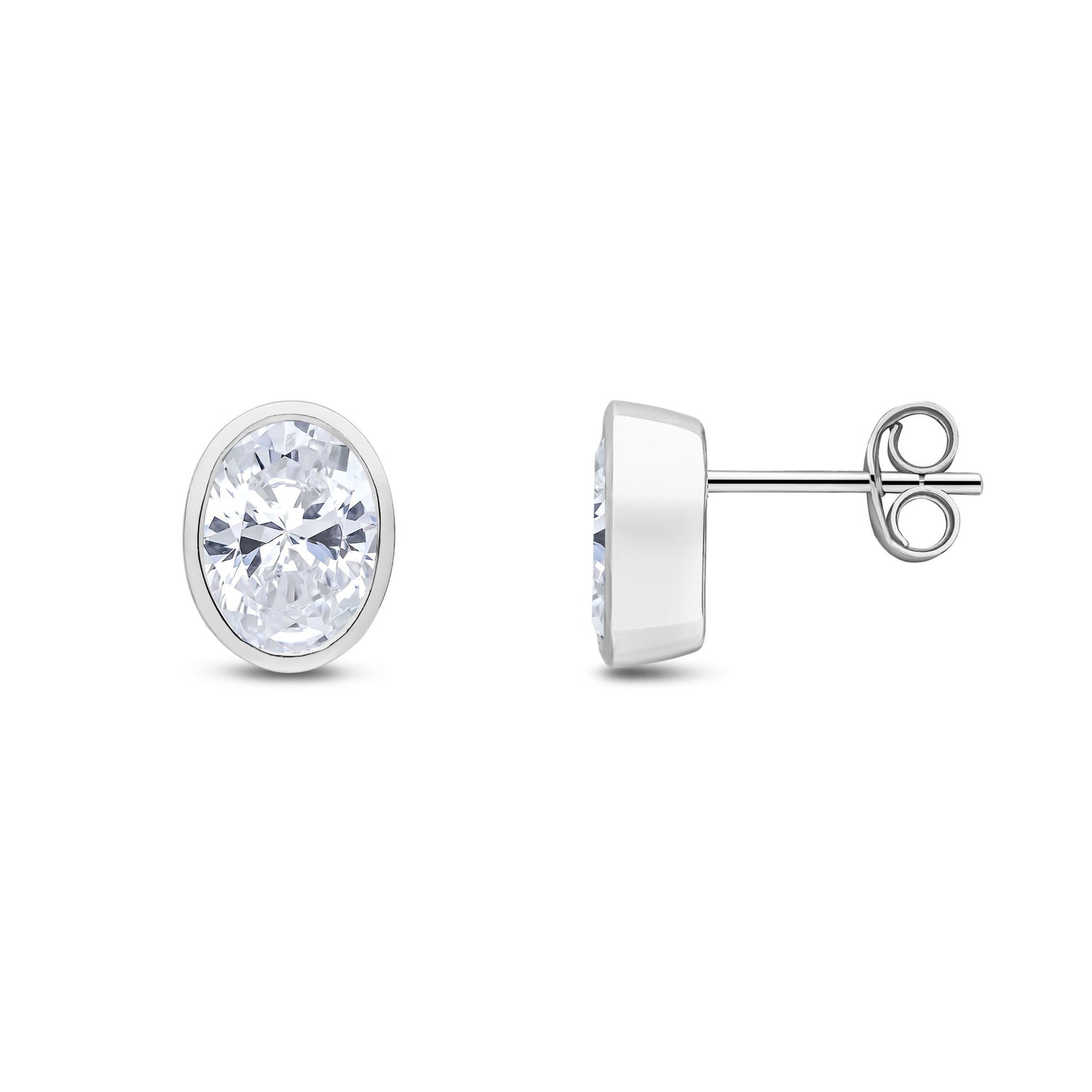 9ct White Gold Oval Cubic Zirconia Rubover Stud Earrings — 8x6mm