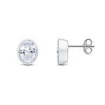 9ct White Gold Oval Cubic Zirconia CZ Rubover Stud Earrings — 8x6mm