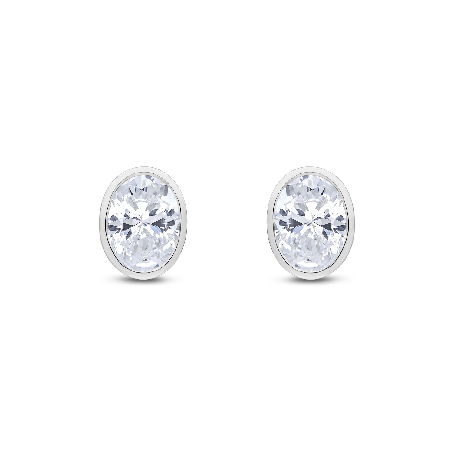 9ct White Gold Oval Cubic Zirconia Rubover Stud Earrings — 8x6mm