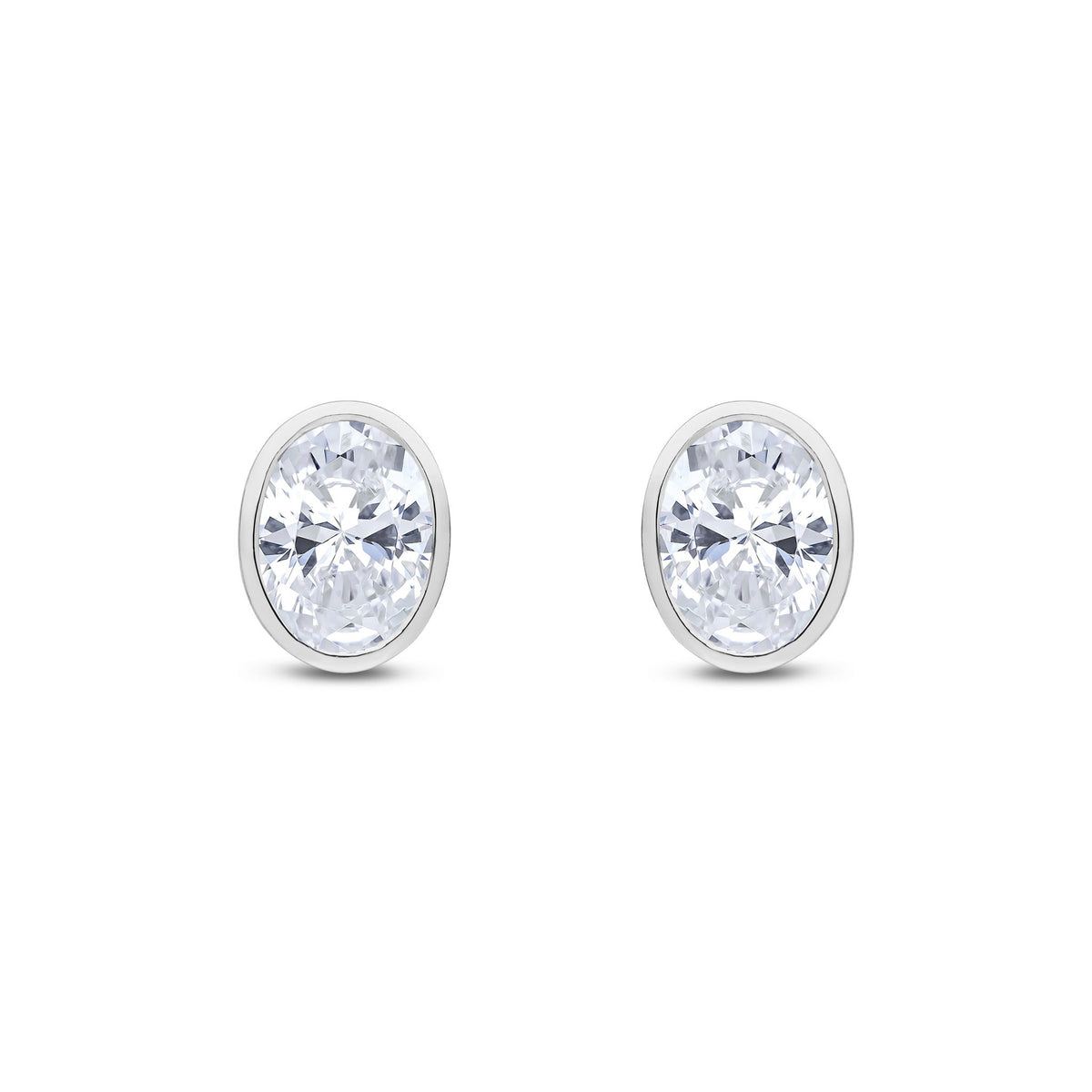 9ct White Gold Oval Cubic Zirconia CZ Rubover Stud Earrings — 8x6mm