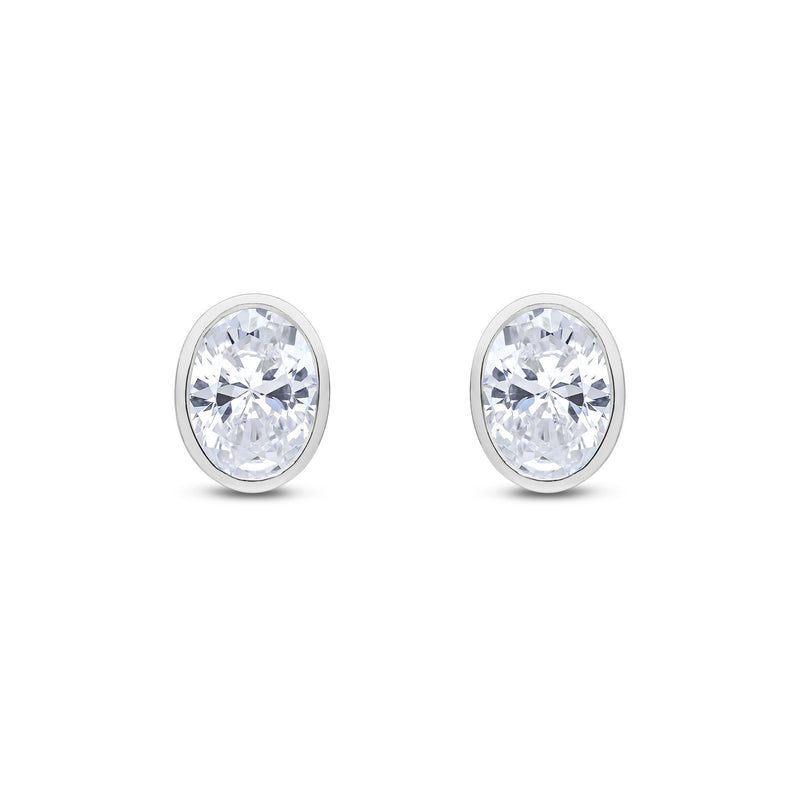 9ct White Gold Oval Cubic Zirconia CZ Rubover Stud Earrings — 8x6mm